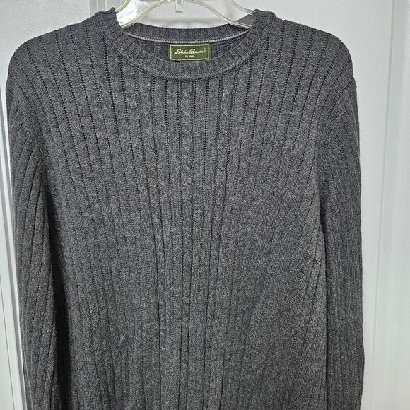 Eddie Bauer Cable Knit Sweater Men's Med Gray Cotton Cashmere Blend Round Neck - Picture 4 of 7